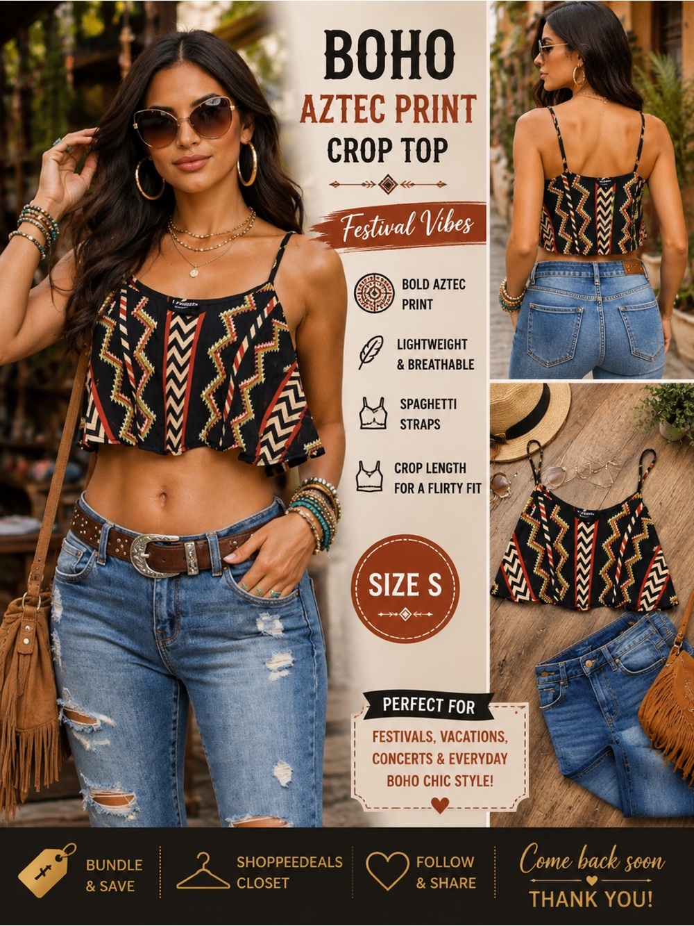 Boho Aztec Print Crop Top – Spaghetti Strap Festival Top – Size S